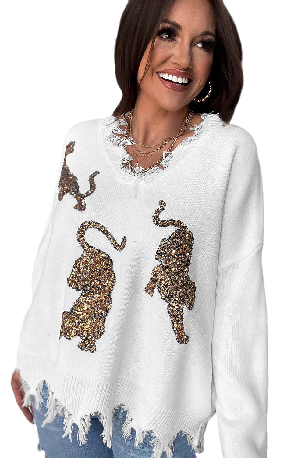 White Frayed Sequin Tiger Sweater – Chic Britches Boutique